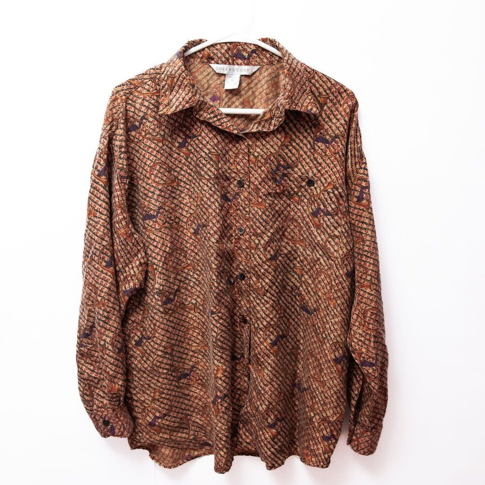 Vintage Queen’s Court 100% Silk French Horn Music Teacher Print Button Up Shirt